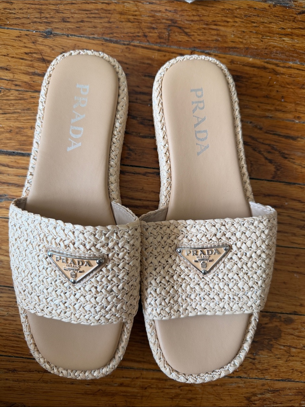Prada Cream Raffia Slide Sandals with Metal Logo Plaque